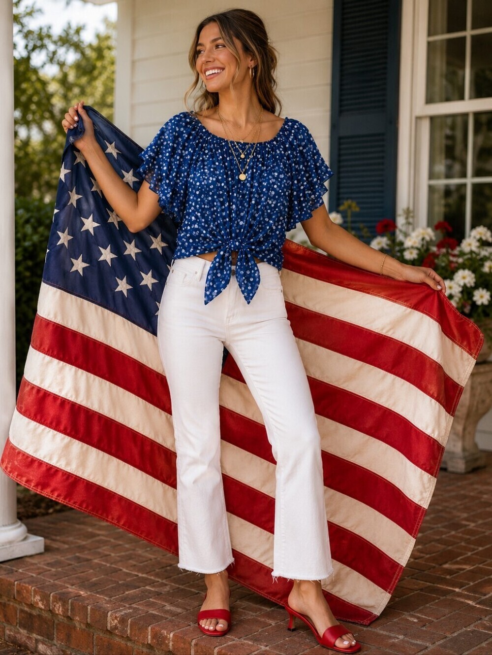 🩵 Blue Polka Dot Tie-Front Women's Top